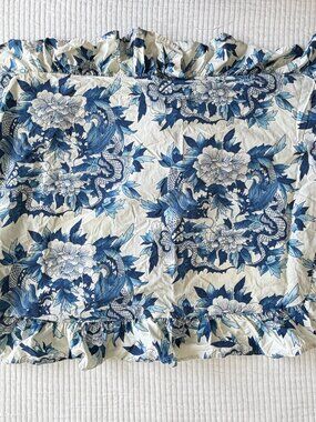 Ralph Lauren Porcelain Nanking Dragon Bird Floral Ruffle Pillow Sham Blue White